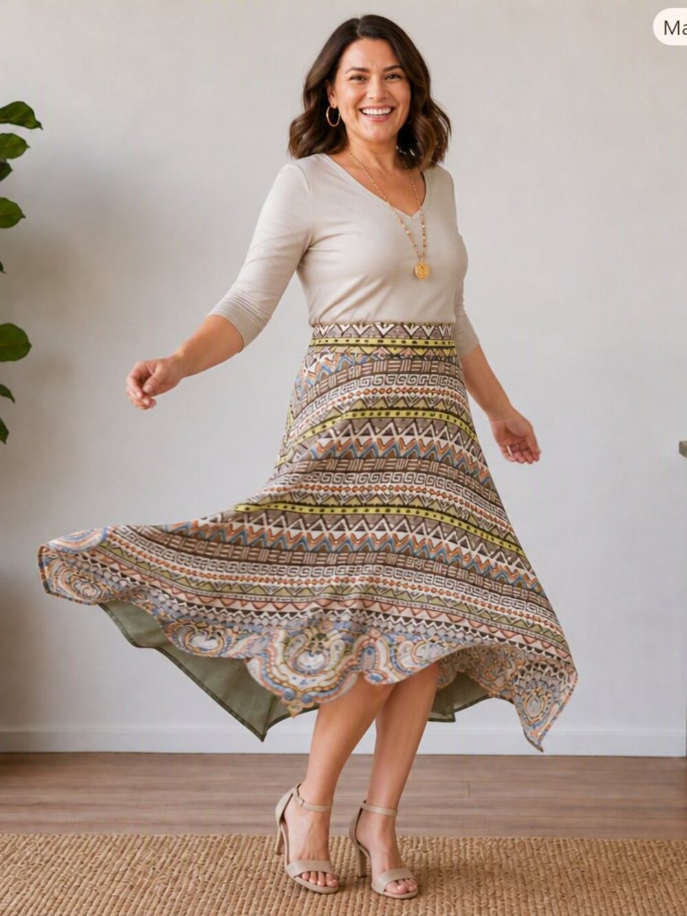Chico's Printed Asymmetrical Midi Skirt in Olive, Cream and Blue